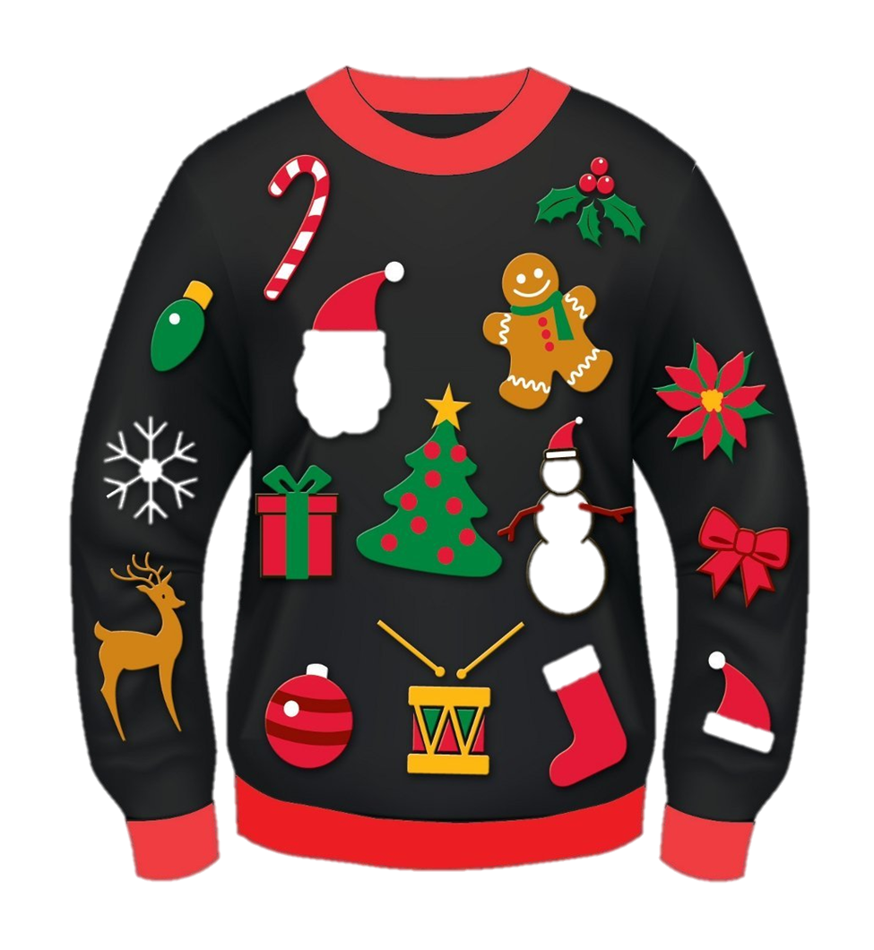 Black Ugly Christmas Sweater With Colorful Holiday Ornaments PNG Graphic