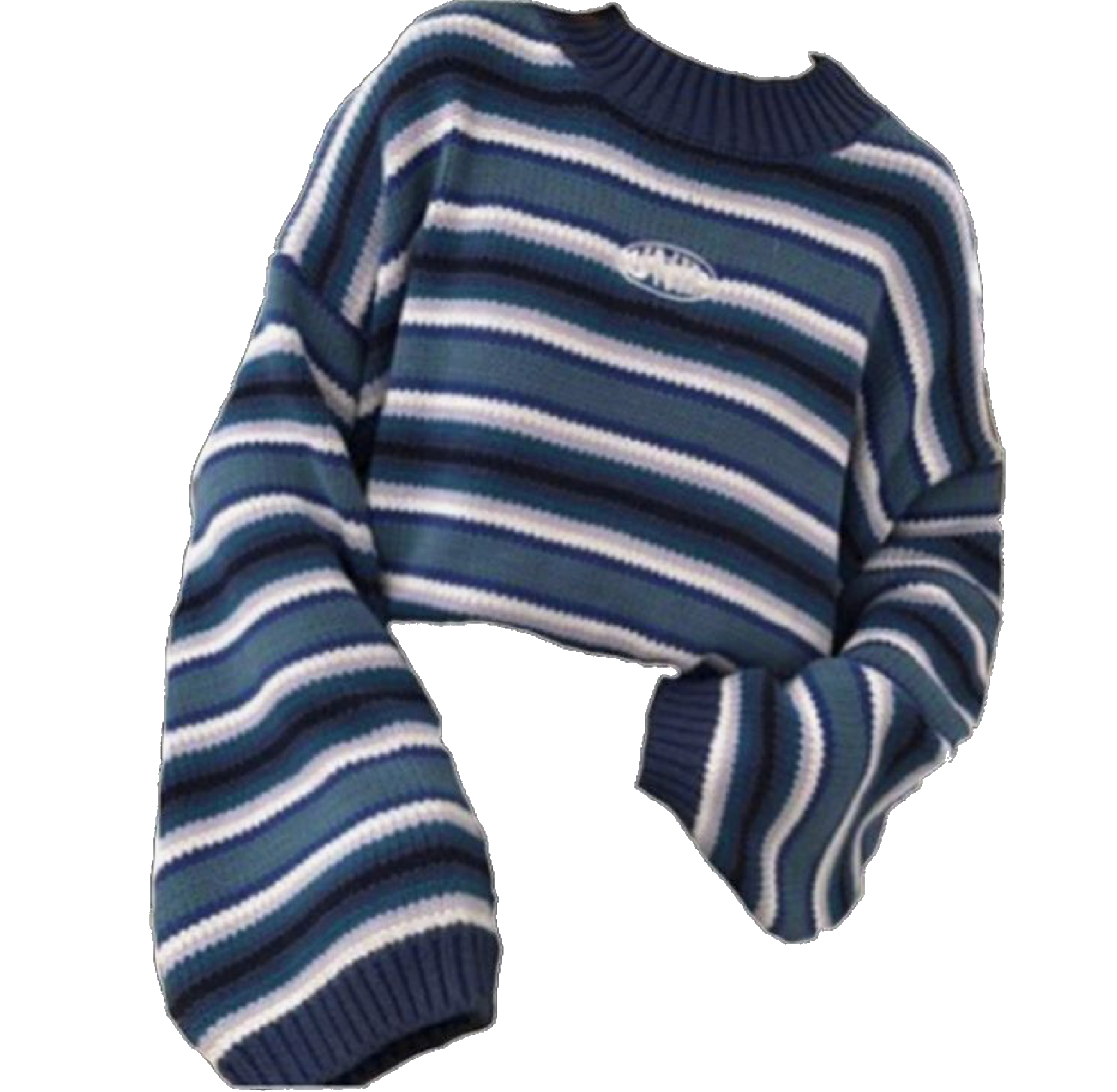 Blue And White Striped Cropped Knit Sweater With Long Sleeves PNG Image