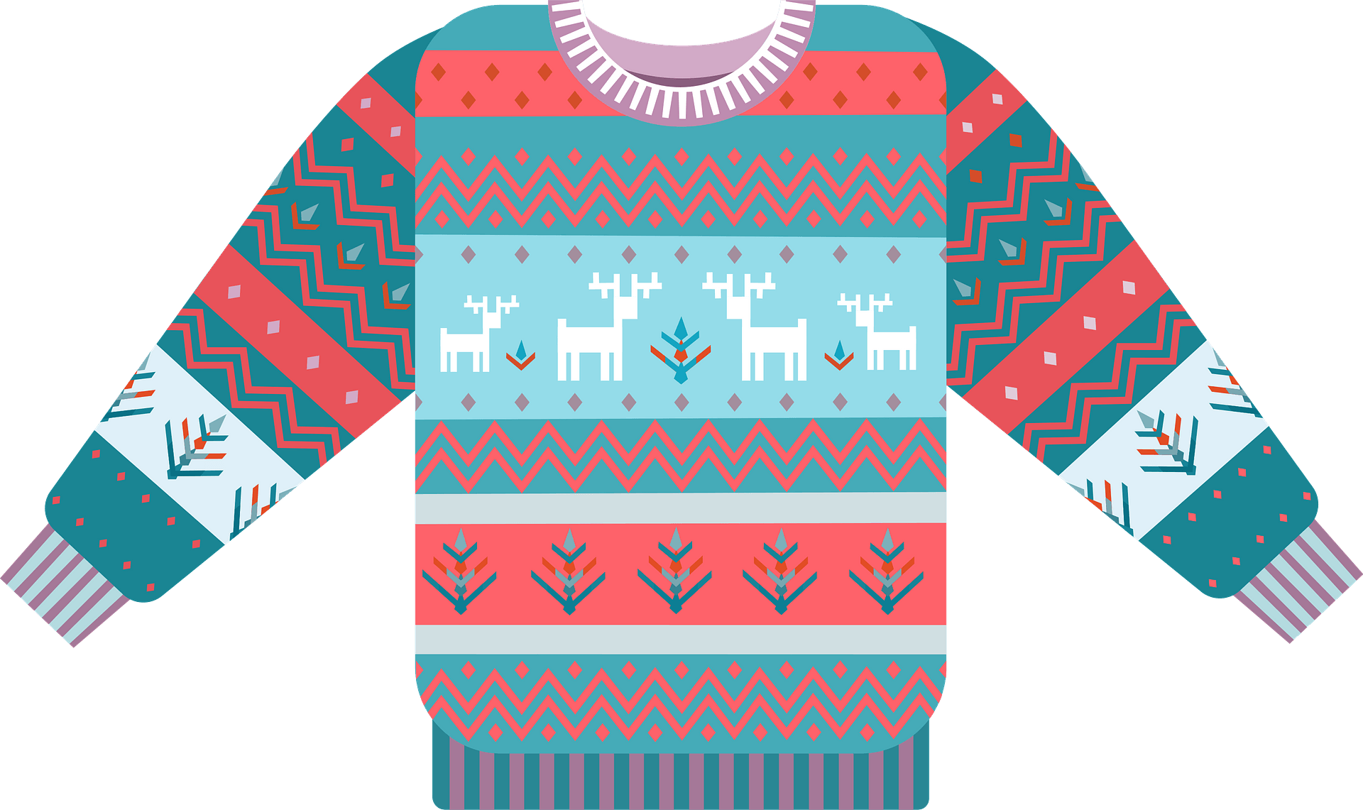 Colorful Nordic Christmas Sweater With Blue Red And Teal Pattern PNG Image
