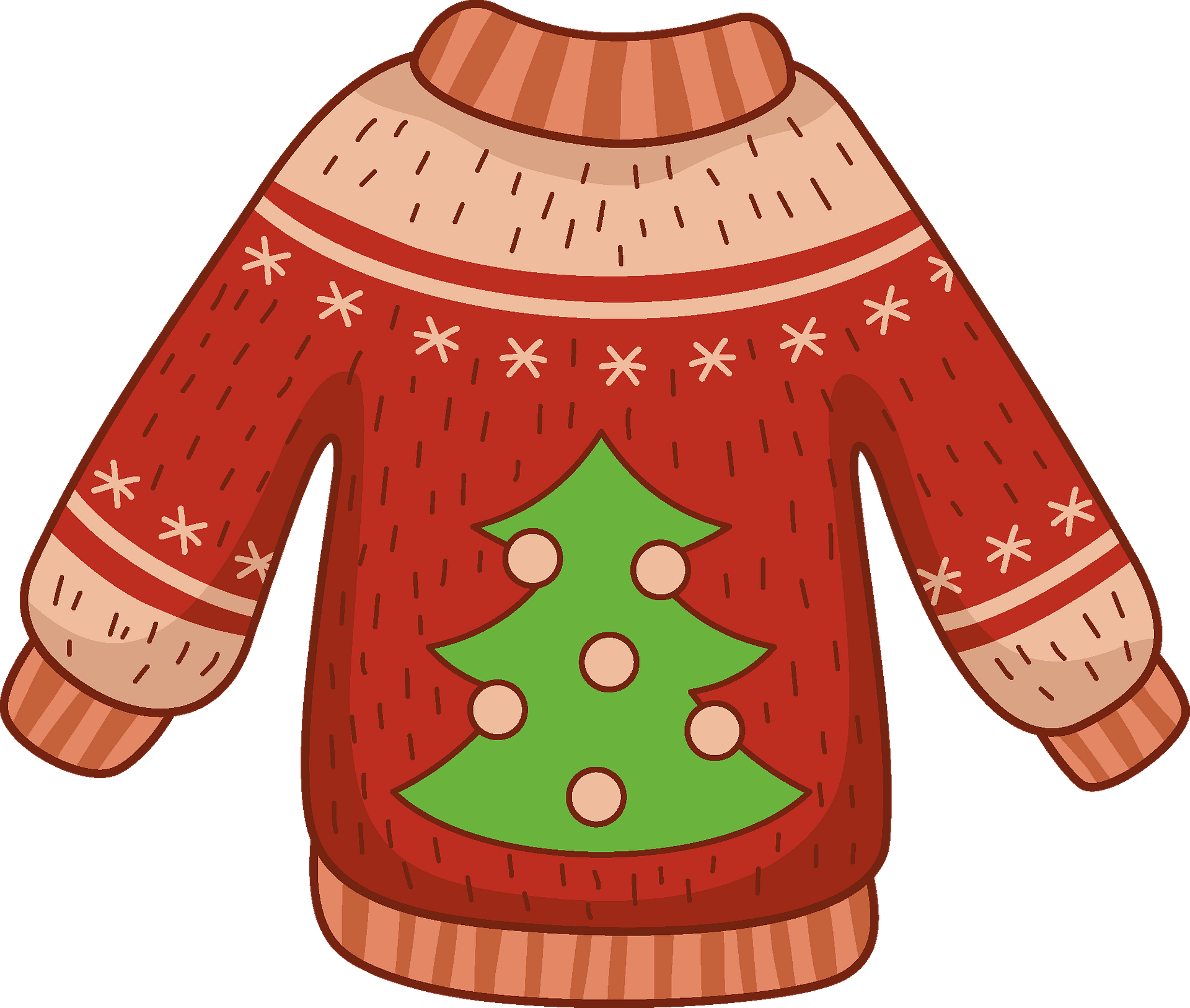 Cute Christmas Tree Sweater Cartoon With Red Snowflake Sleeves PNG Illustration