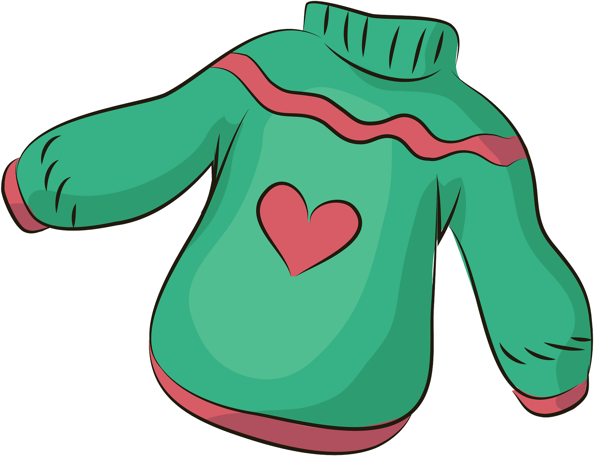 Cute Teal Cartoon Sweater With Red Heart And Wavy Trim PNG Illustration