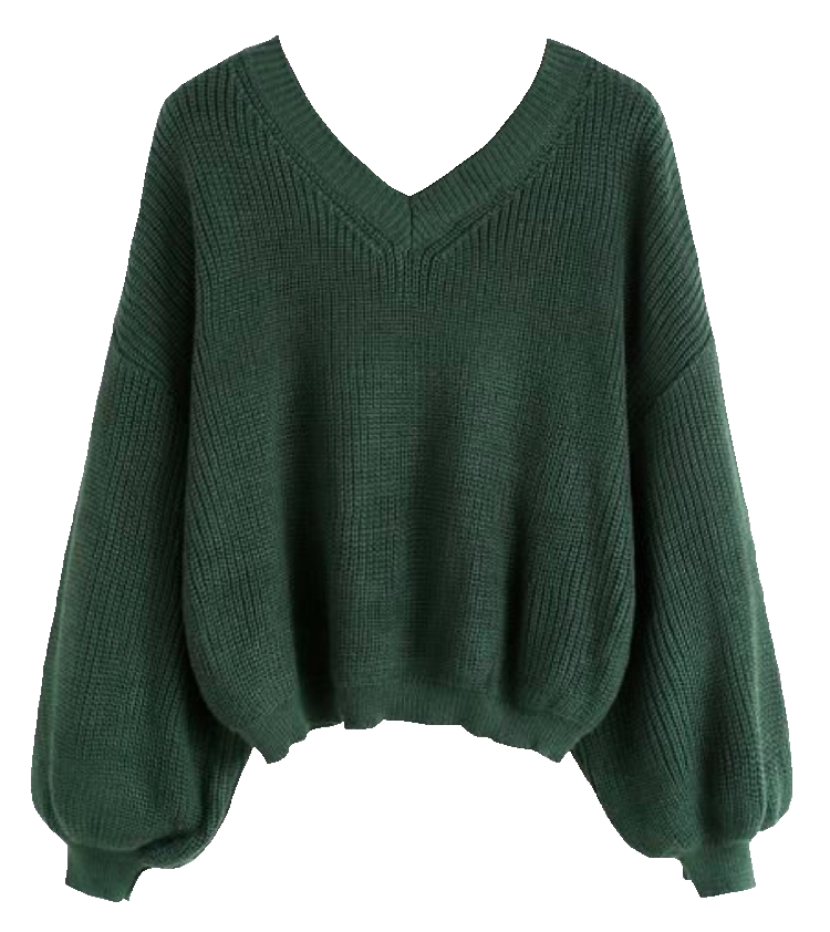 Dark Green V Neck Cropped Sweater With Loose Hem PNG Clipart