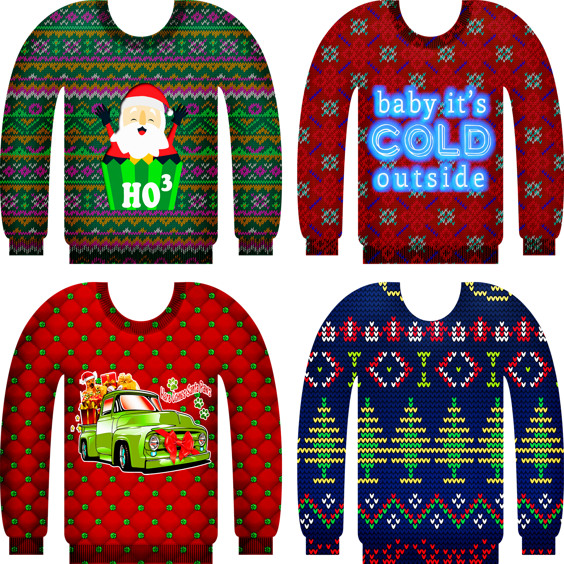 Four Colorful Christmas Sweater Designs With Festive Holiday Graphics PNG Set