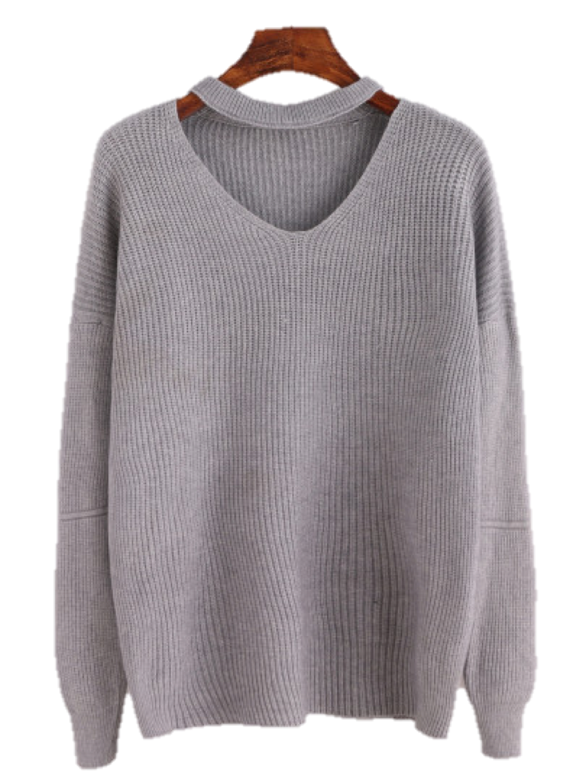 Heather Gray V Neck Knit Sweater With Long Sleeves Transparent Background PNG