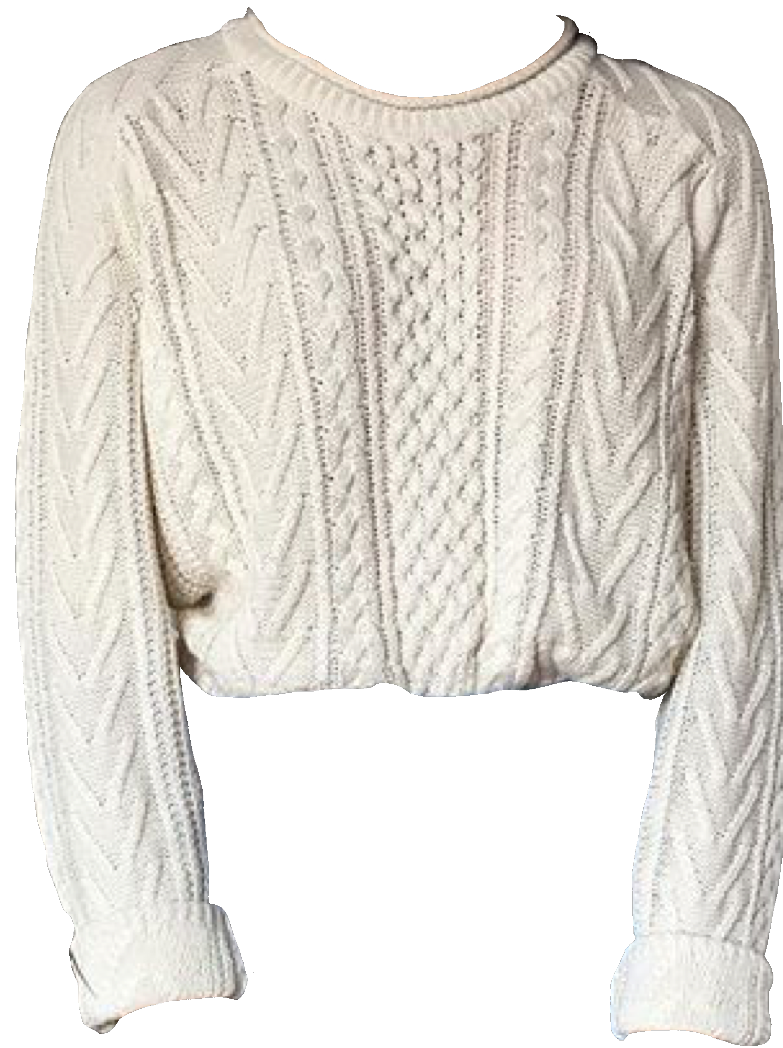Ivory Cropped Cable Knit Sweater With V Neck And Long Sleeves PNG Image