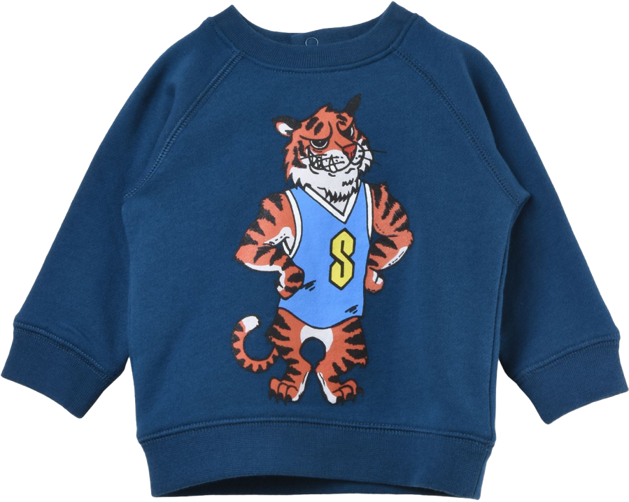 Navy Blue Kids Sweater With Playful Tiger Graphic Transparent Background PNG