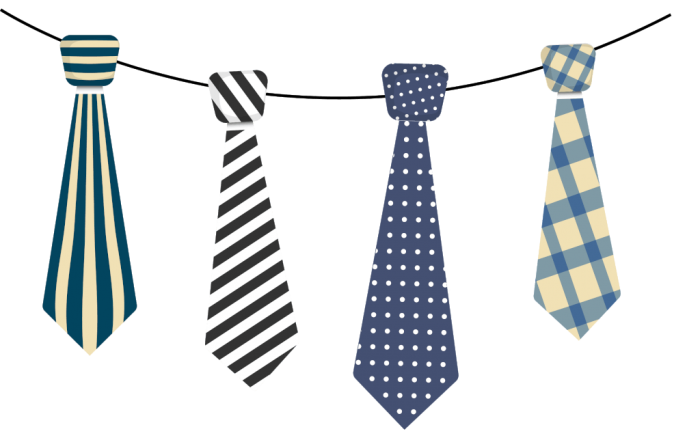 Four Hanging Neckties In Teal Black Blue And Yellow Patterns PNG Illustration