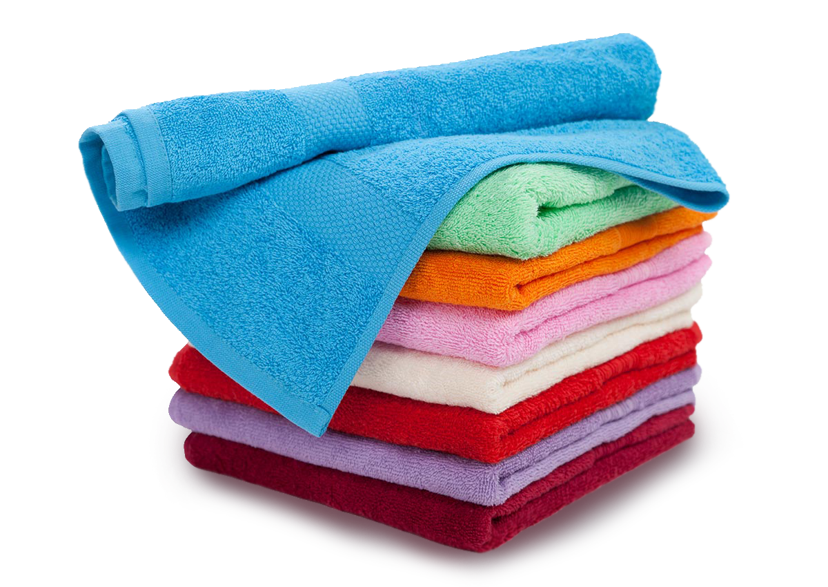 Stack Of Colorful Folded Towels With Bright Blue Towel On Top PNG Graphic