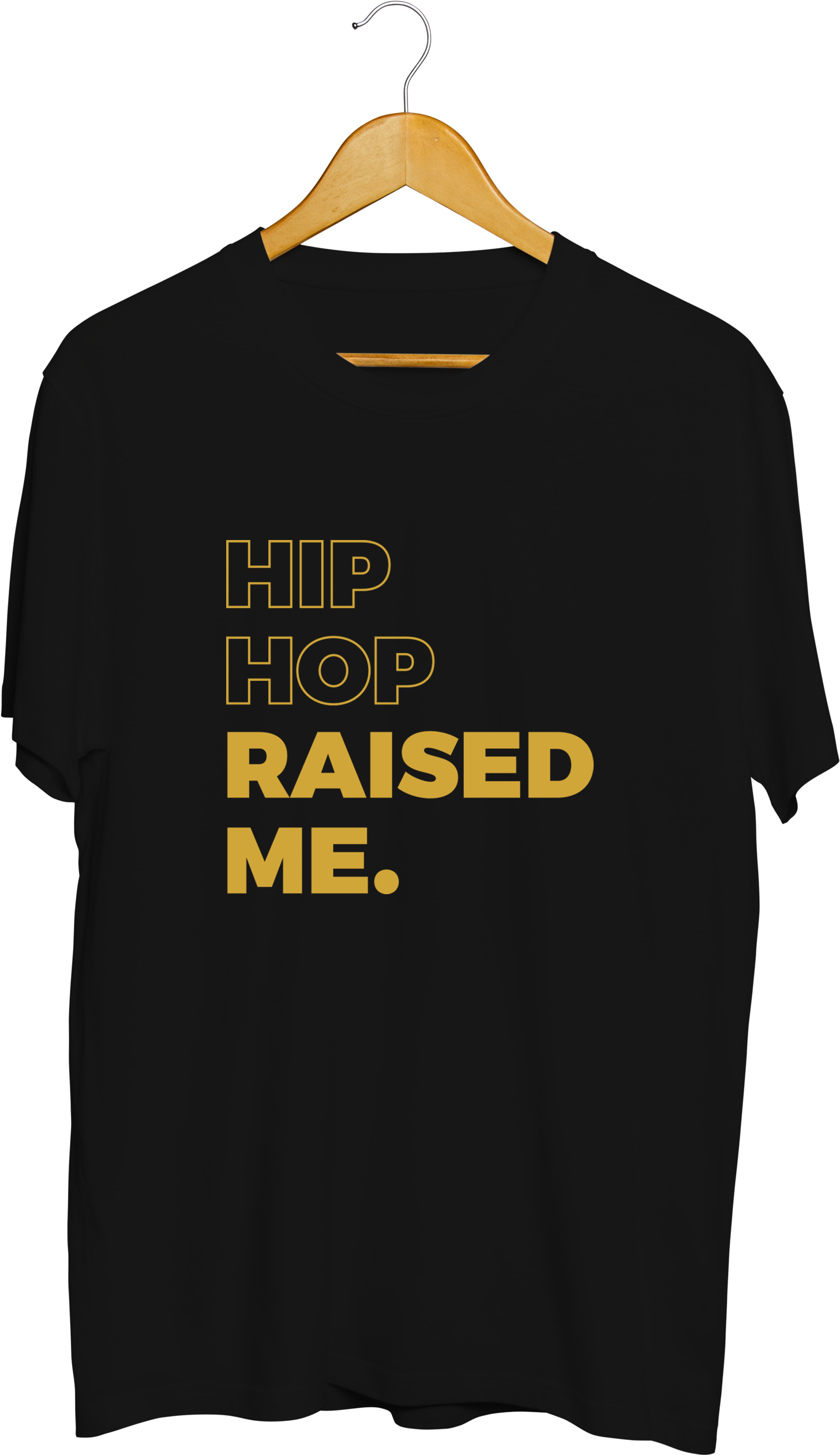 Black Hip Hop Raised Me Graphic T Shirt Hanging On Wooden Hanger PNG