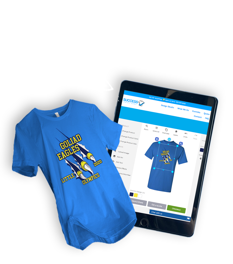 Custom Blue Graphic T Shirt Beside Laptop Online Design Mockup PNG Image