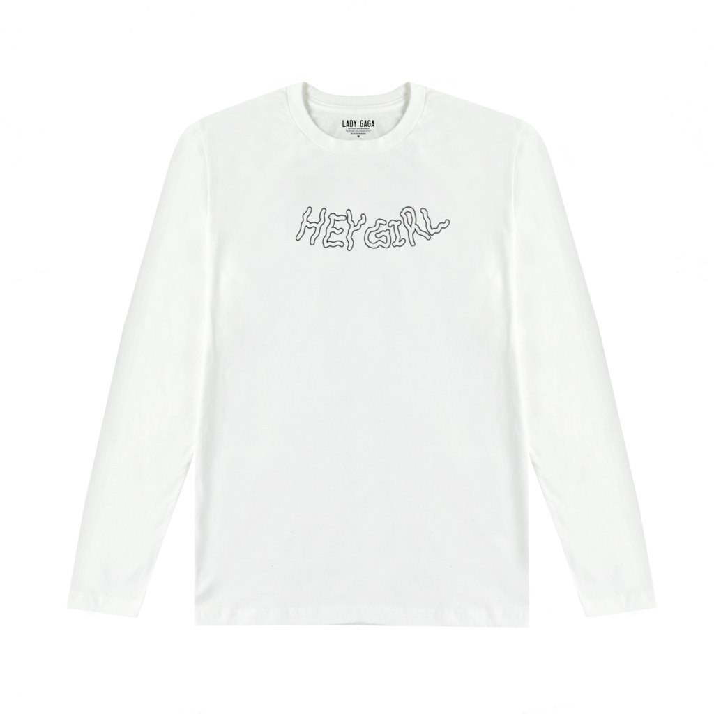 White Long Sleeve T Shirt With Small Script Chest Logo Transparent Background PNG
