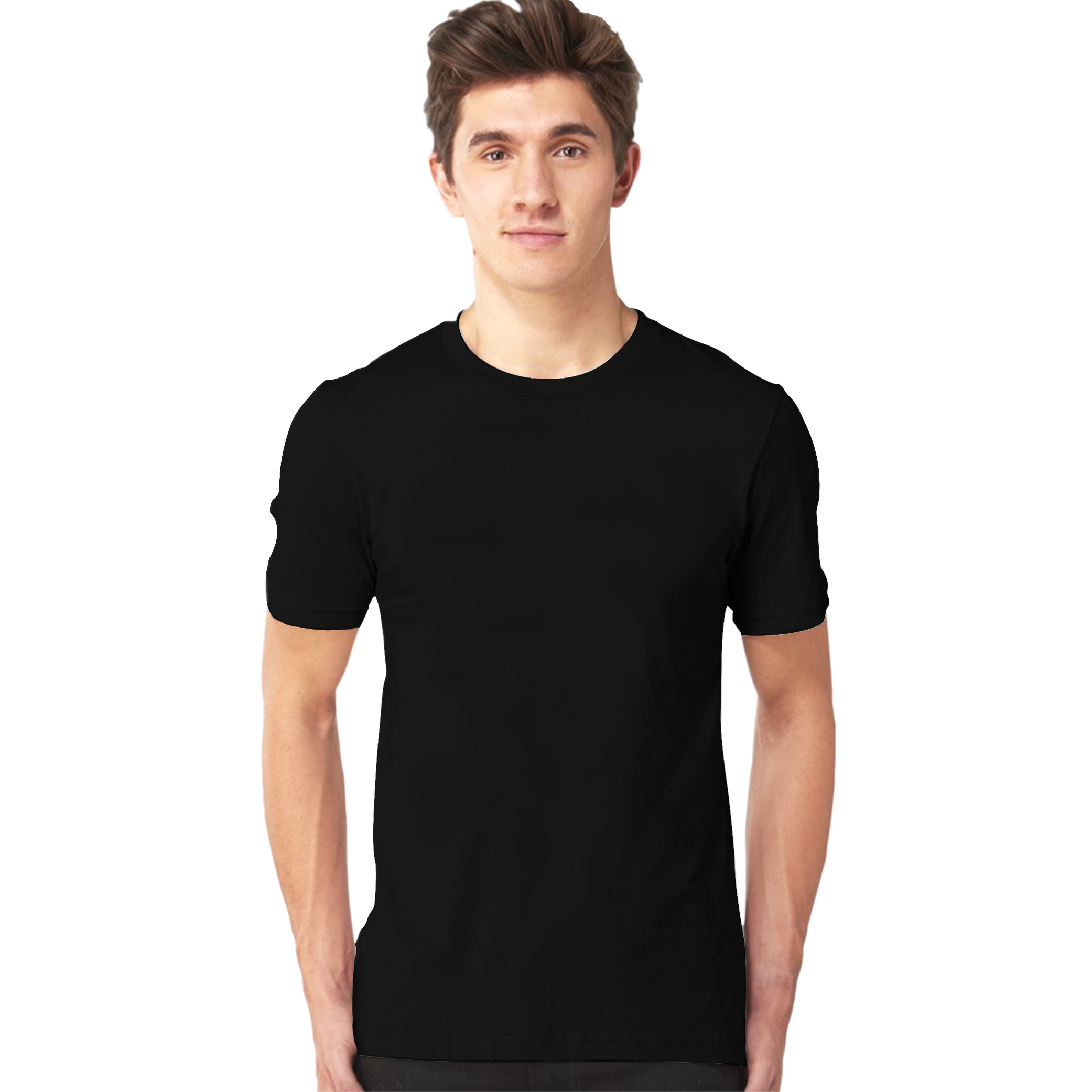 Young Man Wearing Black Crewneck T Shirt And Dark Jeans PNG Image