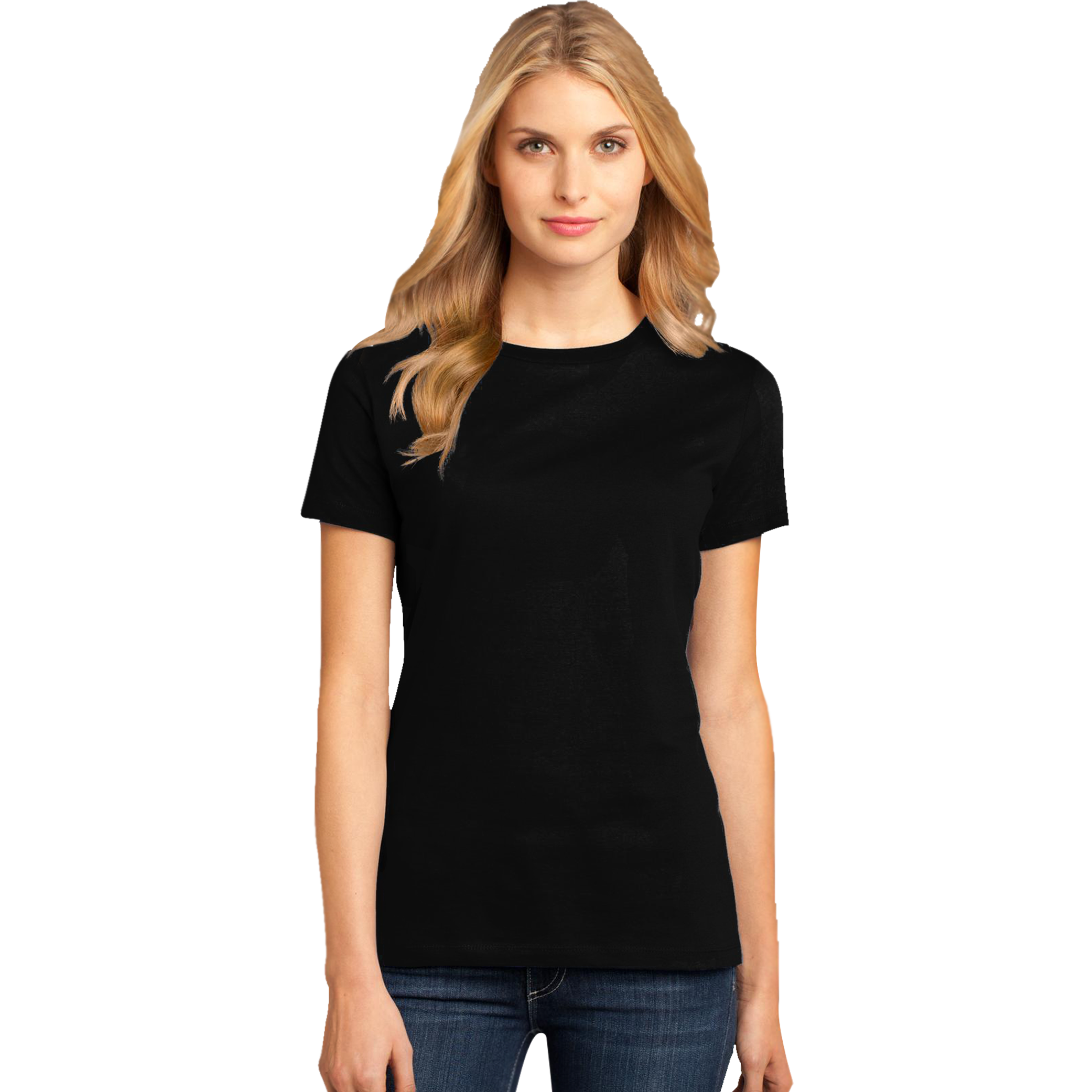 Woman Wearing Plain Black Crewneck T Shirt Casual Outfit PNG Image