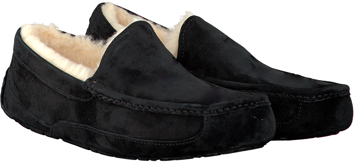 Black Suede Moccasin Slippers With Plush Tan Shearling Interior PNG Image