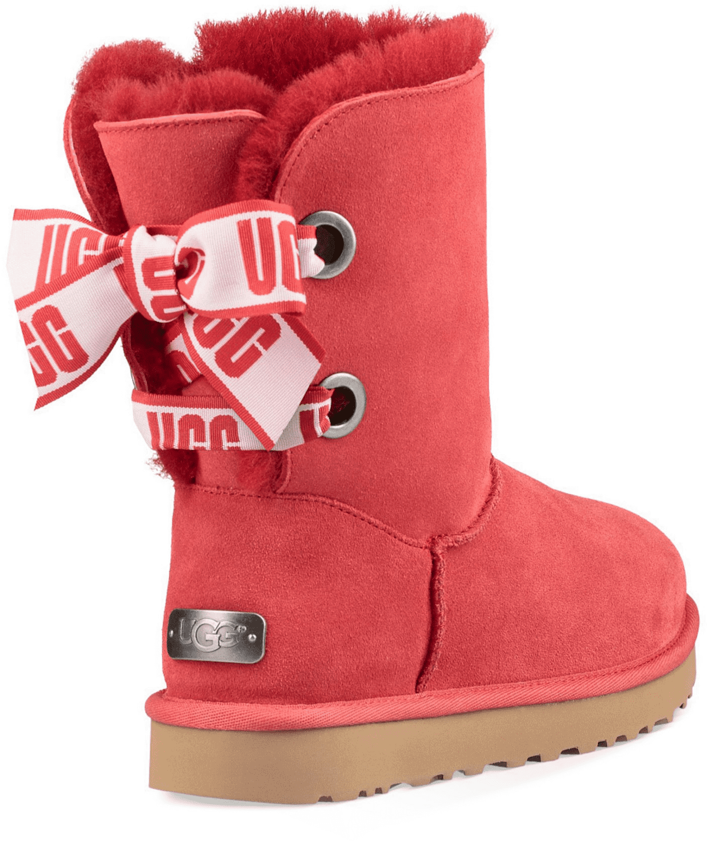 Bright Red Fur Lined Boots With Decorative Logo Ribbon Straps PNG Graphic