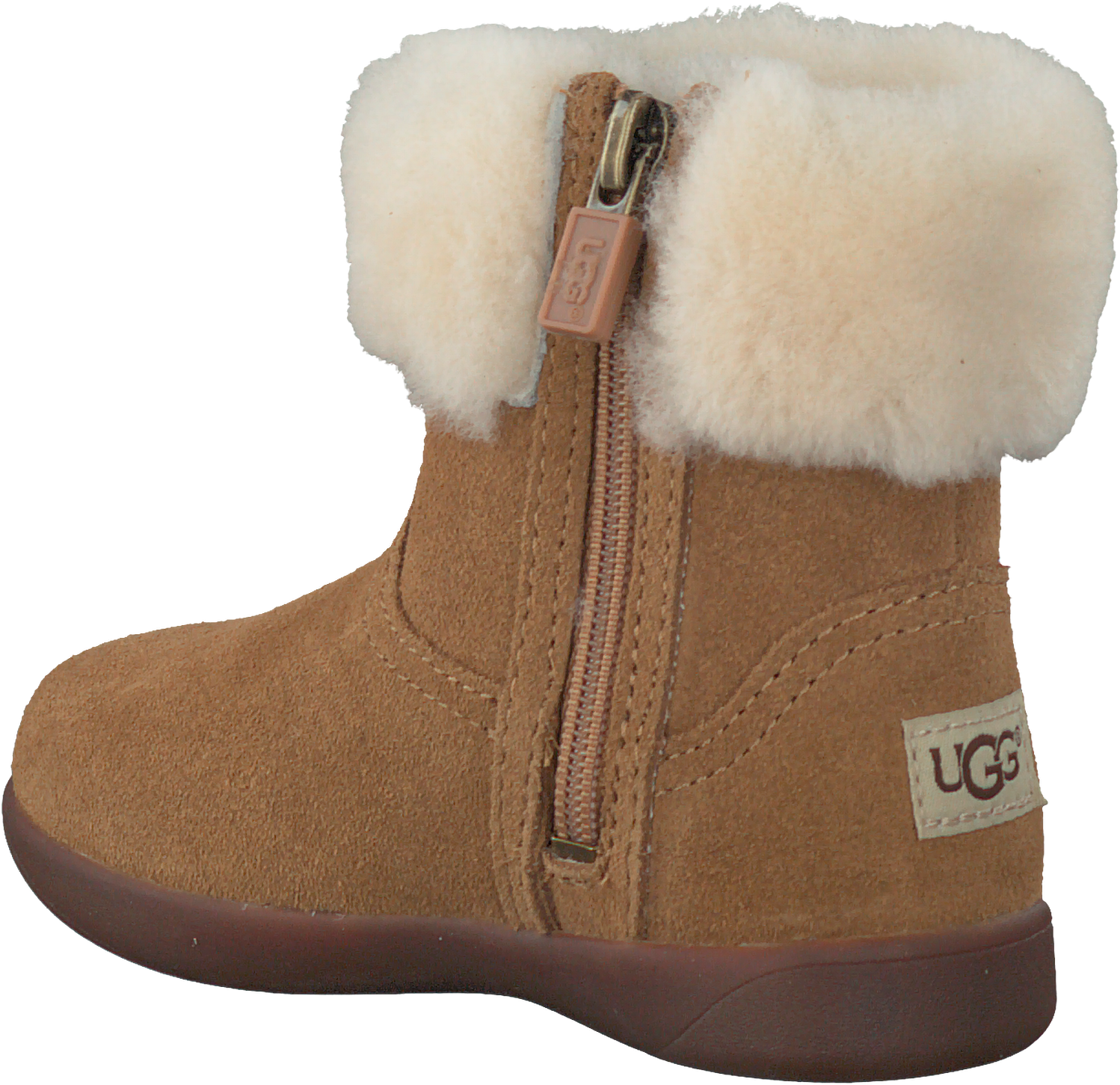 Chestnut Suede Ankle Boot With Side Zipper And Cream Fur Cuff PNG Image