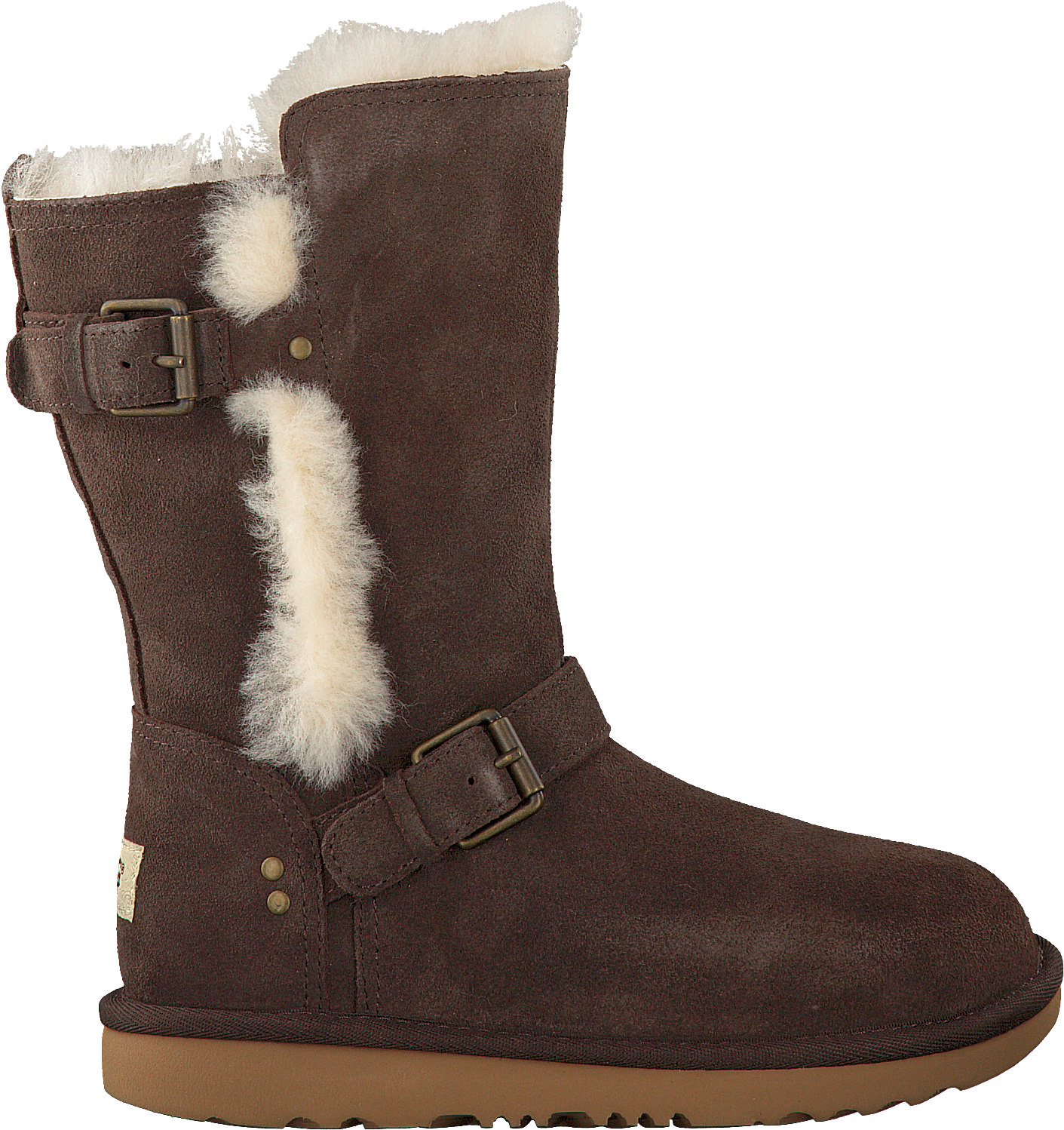 Distressed Brown Tall Boots With Buckle Straps And Faux Fur Lining PNG Image