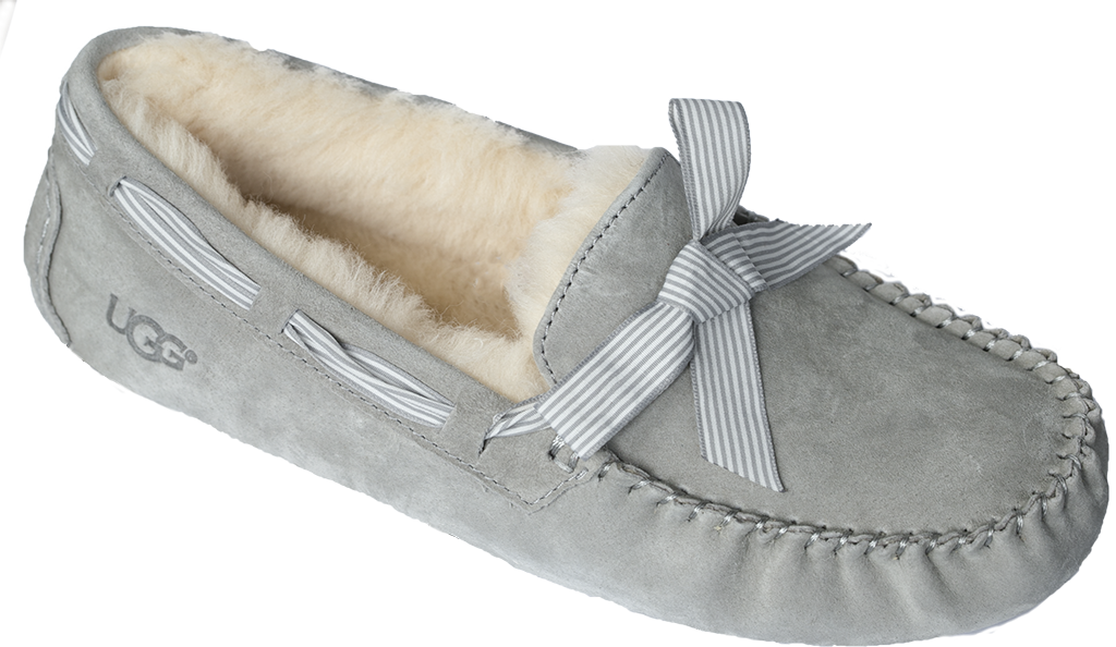 Gray Suede Moccasin Slipper With Bow And Soft Wool Lining PNG Image