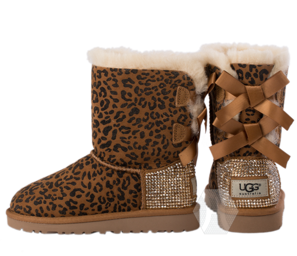 Leopard Print Fur Lined Boots With Brown Ribbon Bows PNG Image