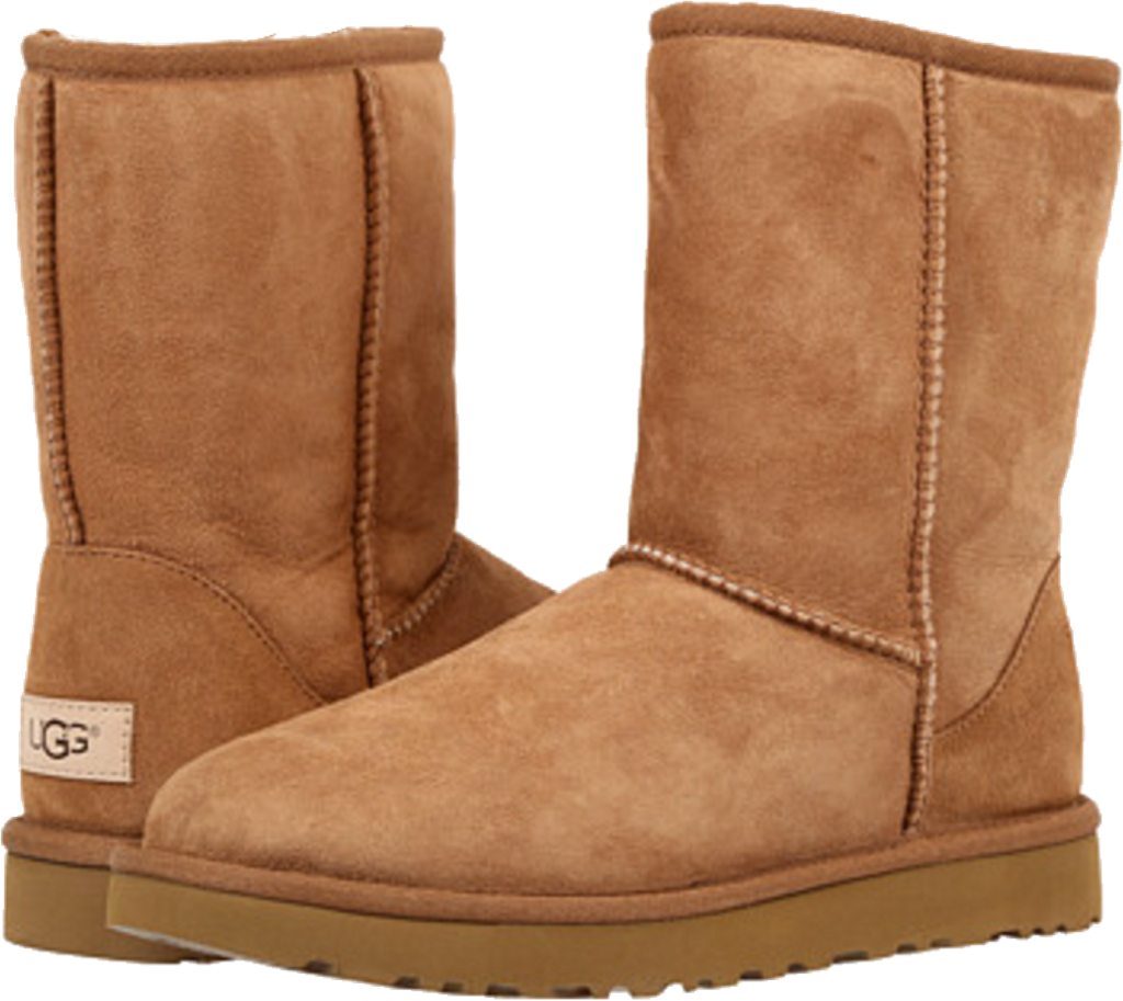 Pair Of Chestnut Sheepskin Boots With Cream Lining And Logo Label PNG Clipart