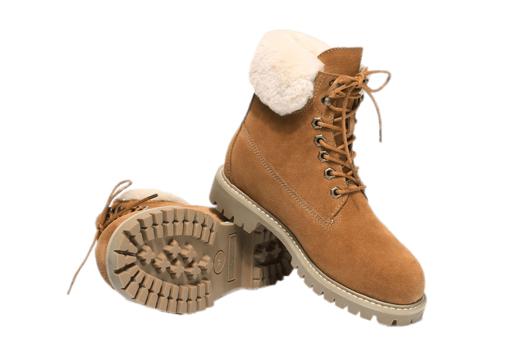 Pair Of Tan Lace Up Shearling Boots With Treaded Sole View PNG Image