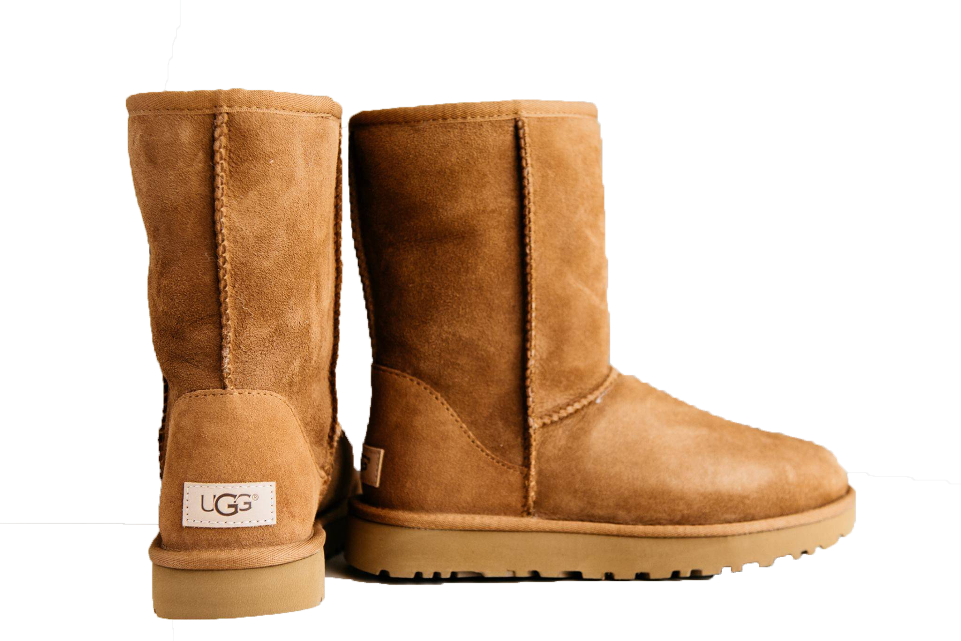 Rear View Of Chestnut Sheepskin Boots With Branded Heel Label PNG Clipart