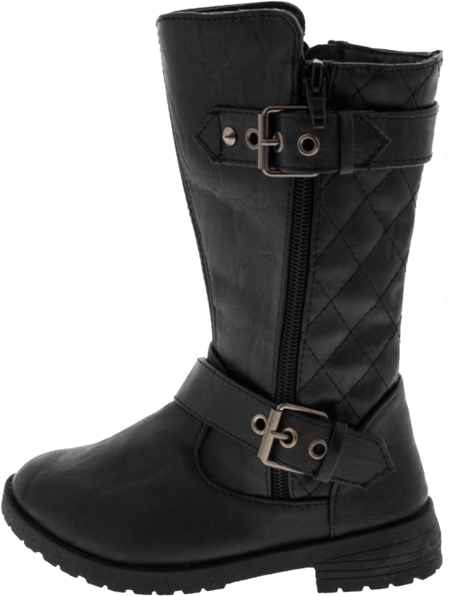 Tall Black Winter Boots With Buckle Straps And Lug Sole PNG Image