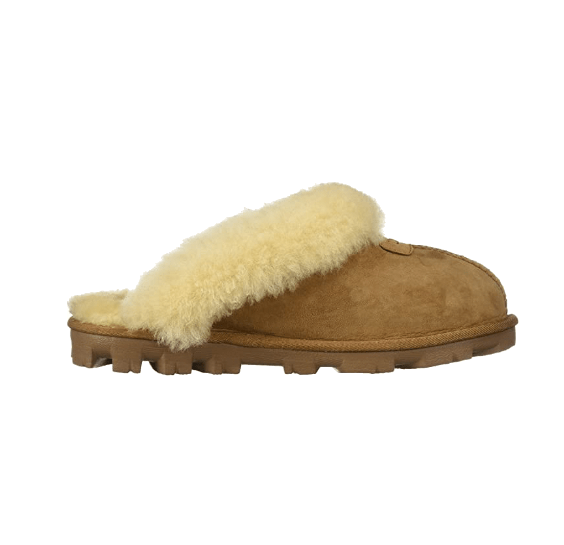 Tan Shearling Slide Slipper With Thick Fluffy Cream Lining PNG Image
