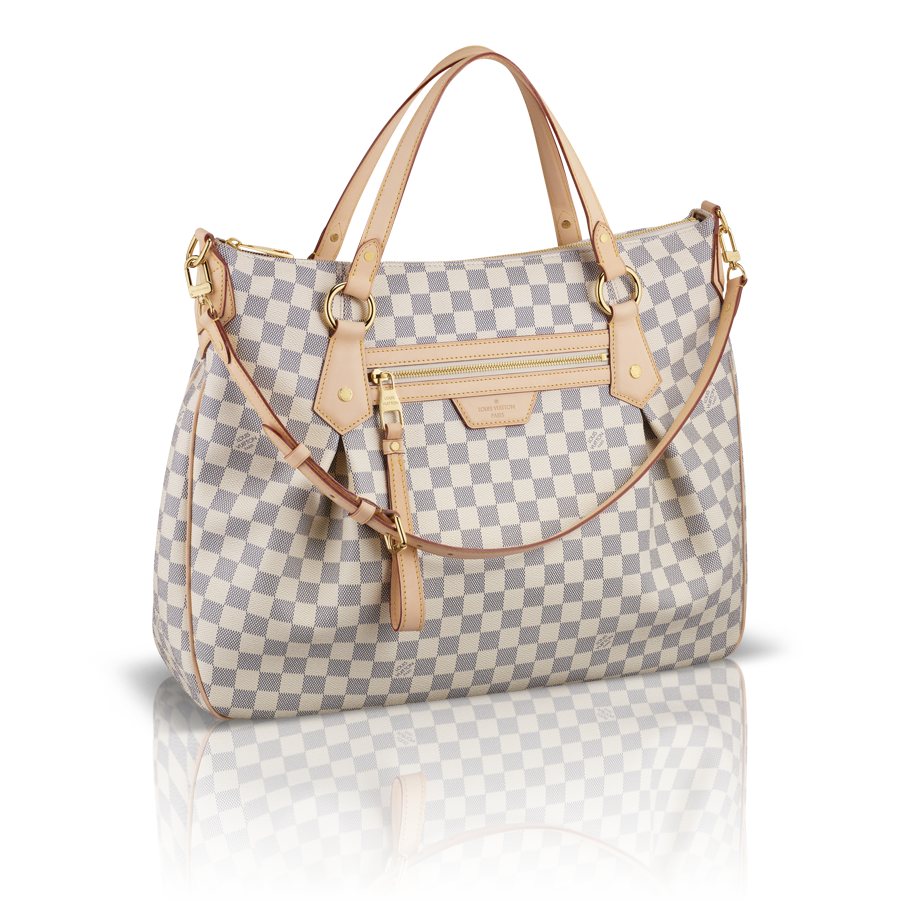 Beige And White Checkered Tote Bag With Leather Handles Isolated PNG Image