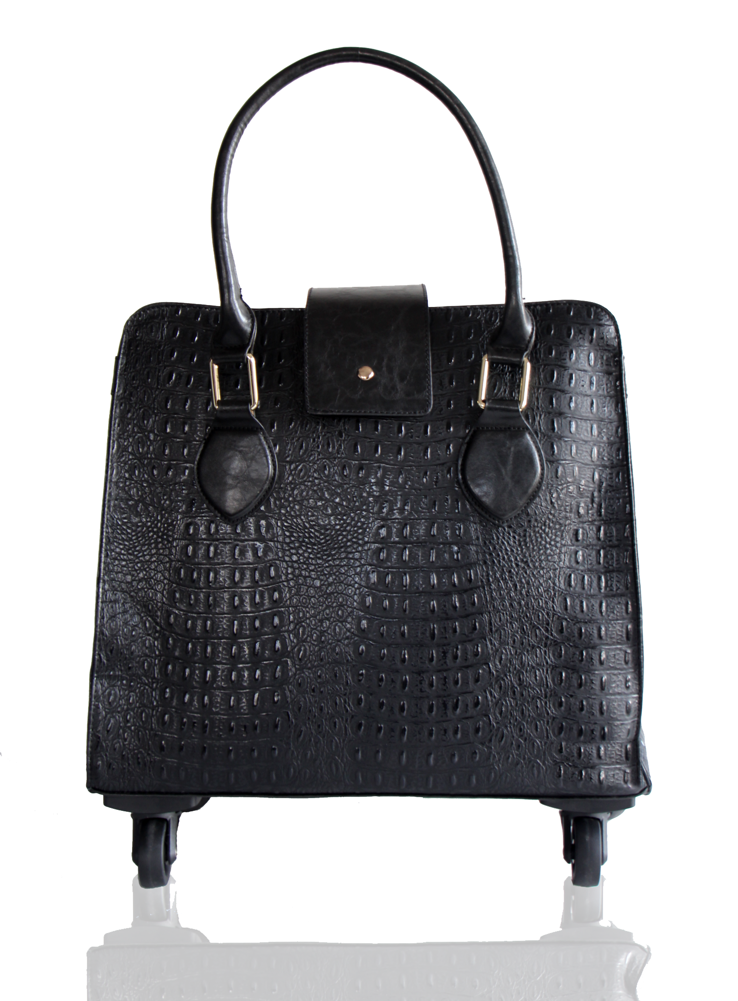 Black Crocodile Embossed Structured Satchel Bag Displayed On Stand PNG Image