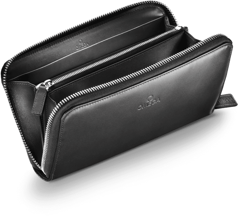 Black Leather Cosmetic Clutch Organizer With Double Zipper Compartments PNG