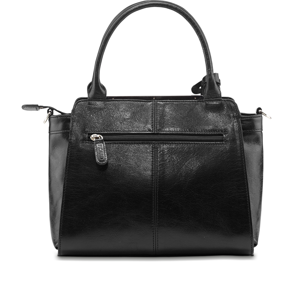 Black Structured Handbag With Front Pocket And Double Handles Isolated PNG