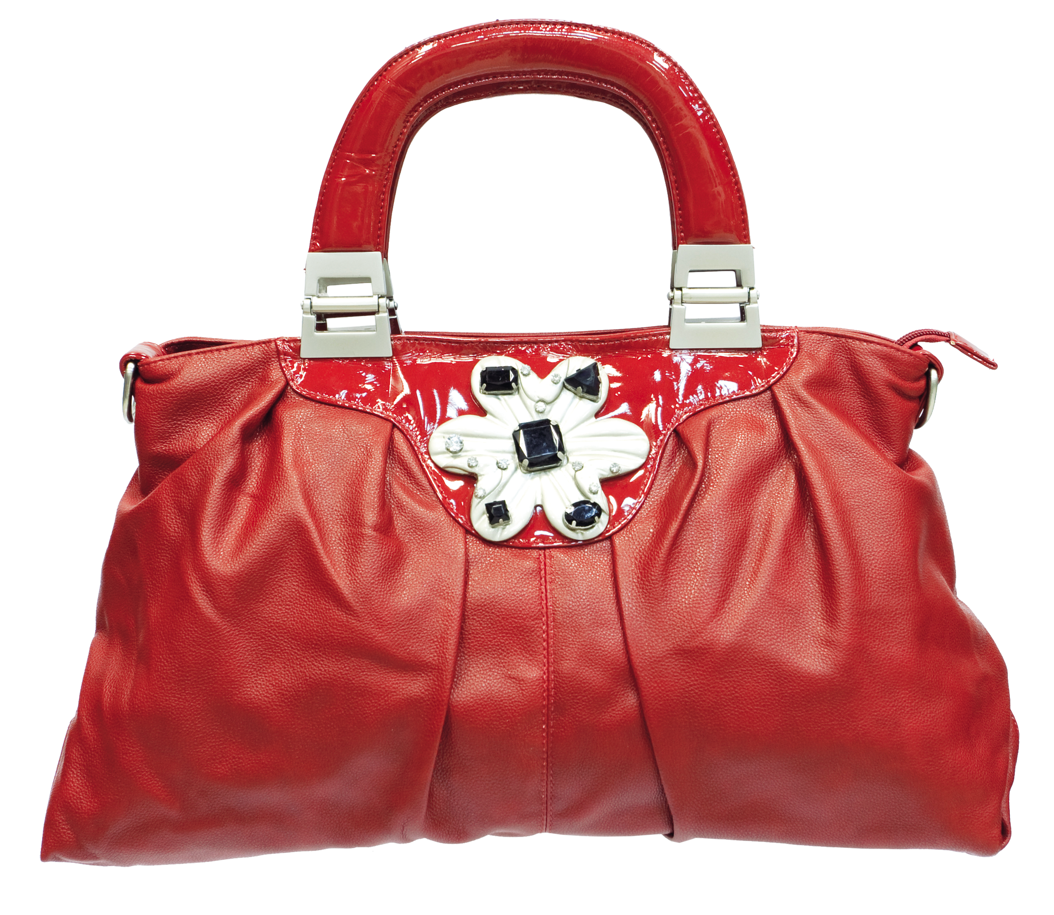 Bright Red Handbag With White Floral Accent And Short Handles Transparent PNG