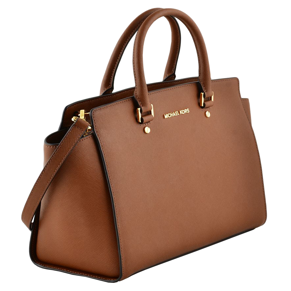 Brown Leather Satchel Handbag With Side Panels And Double Handles PNG Clipart