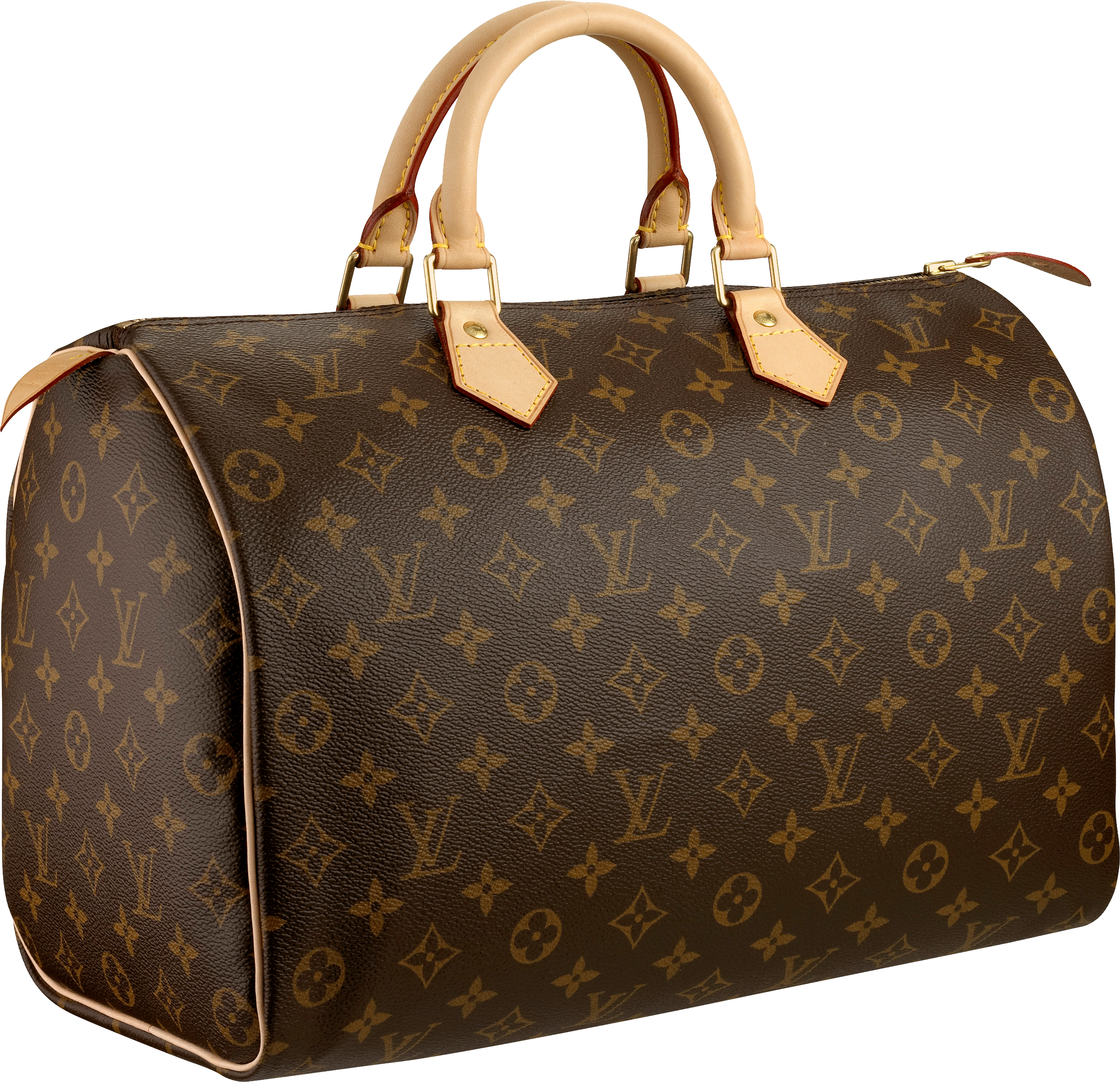 Brown Monogram Travel Duffel Bag With Tan Leather Handles PNG Clipart