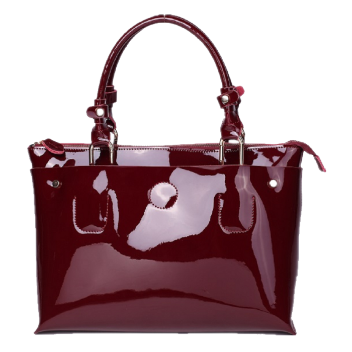 Burgundy Patent Leather Tote Bag With Glossy Finish And Double Handles PNG