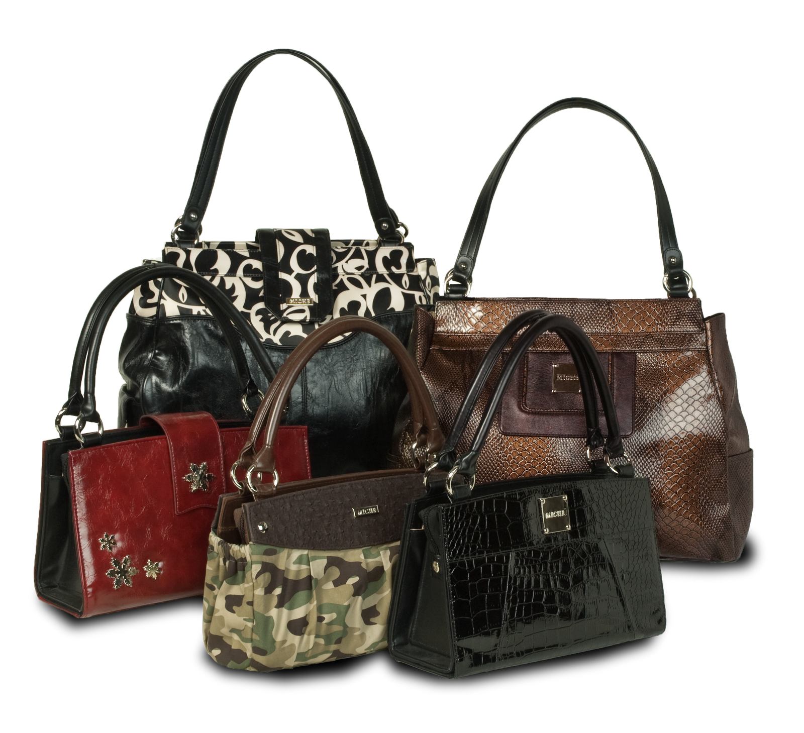 Collection Of Assorted Womens Handbags In Leather And Fabric Styles PNG