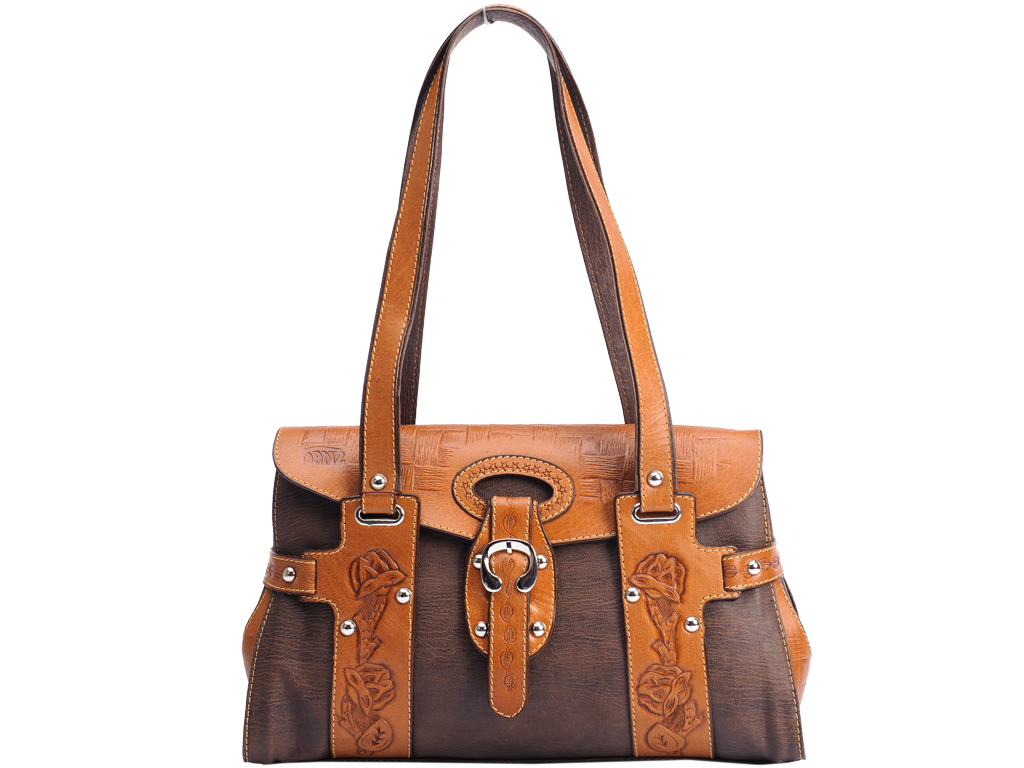 Colorful Patchwork Leather Tote Bag With Front Pockets And Buckles PNG Image