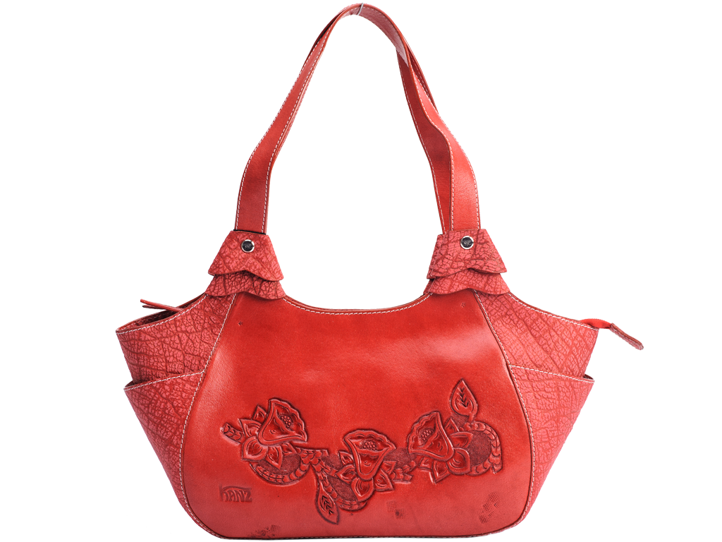 Coral Red Handbag With Double Handles And Decorative Front Detail PNG Image