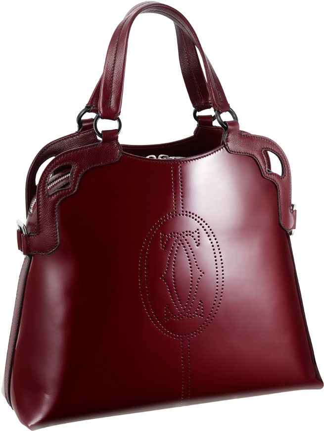 Dark Burgundy Leather Satchel With Embossed Front Logo And Handles PNG Clipart