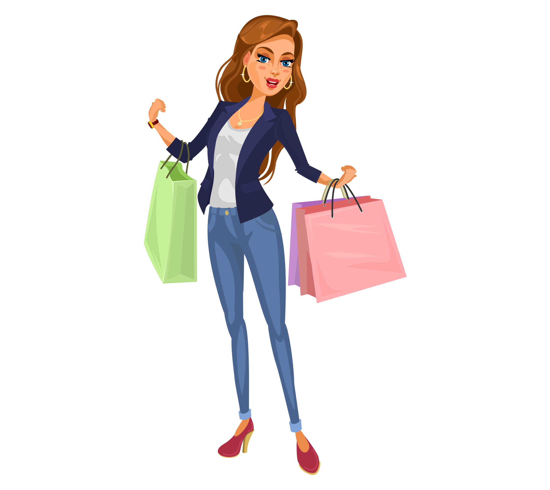 Fashion Girl Illustration Holding Colorful Shopping Bags Transparent PNG