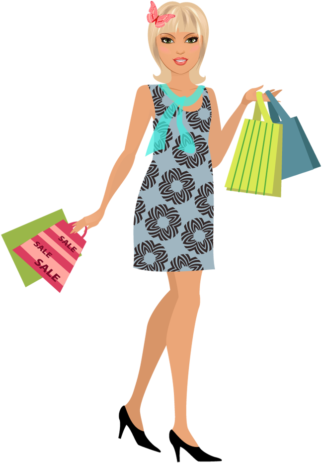 Fashion Woman Shopping With Colorful Bags Cartoon Illustration PNG Image