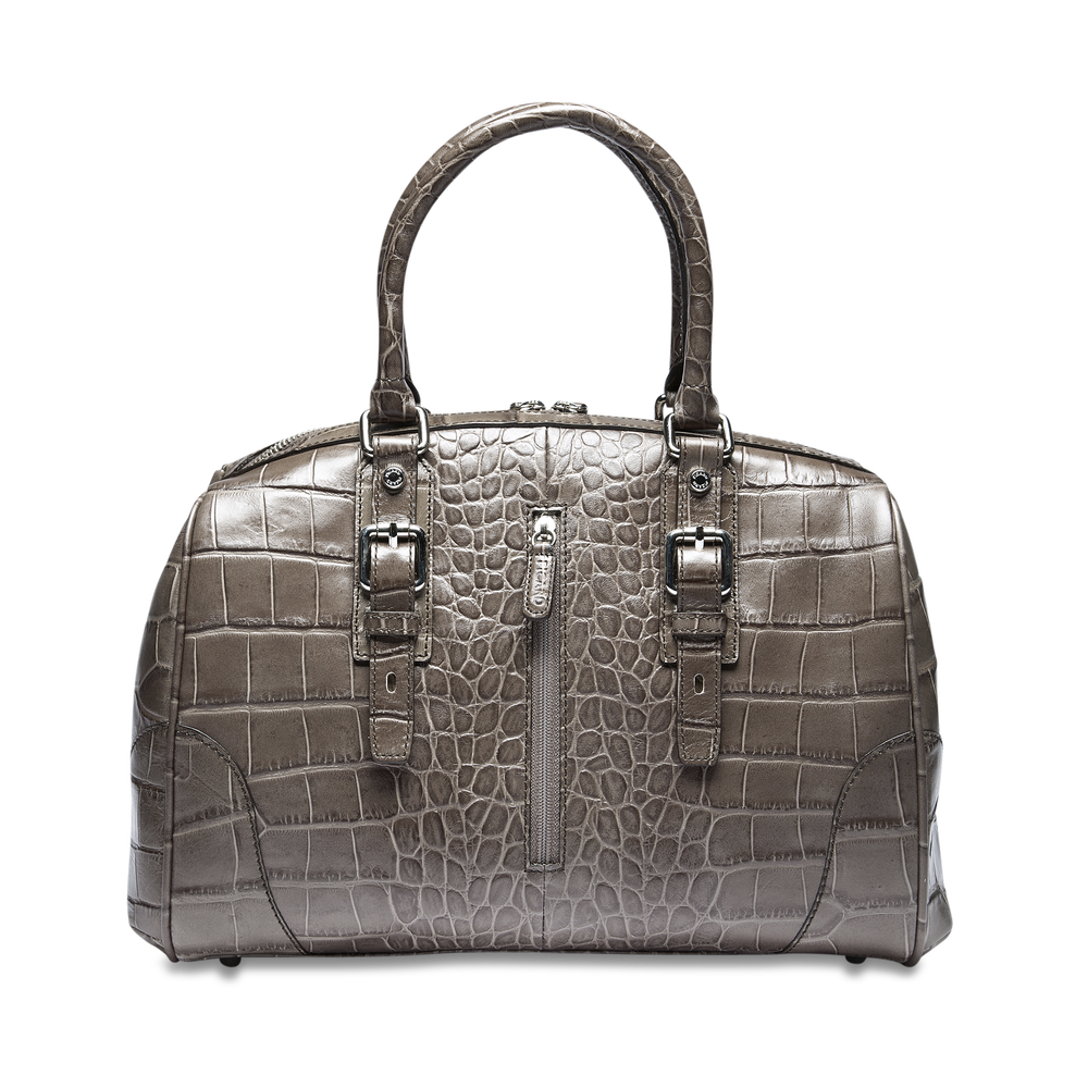 Gray Crocodile Embossed Bowling Bag With Top Handles PNG Image