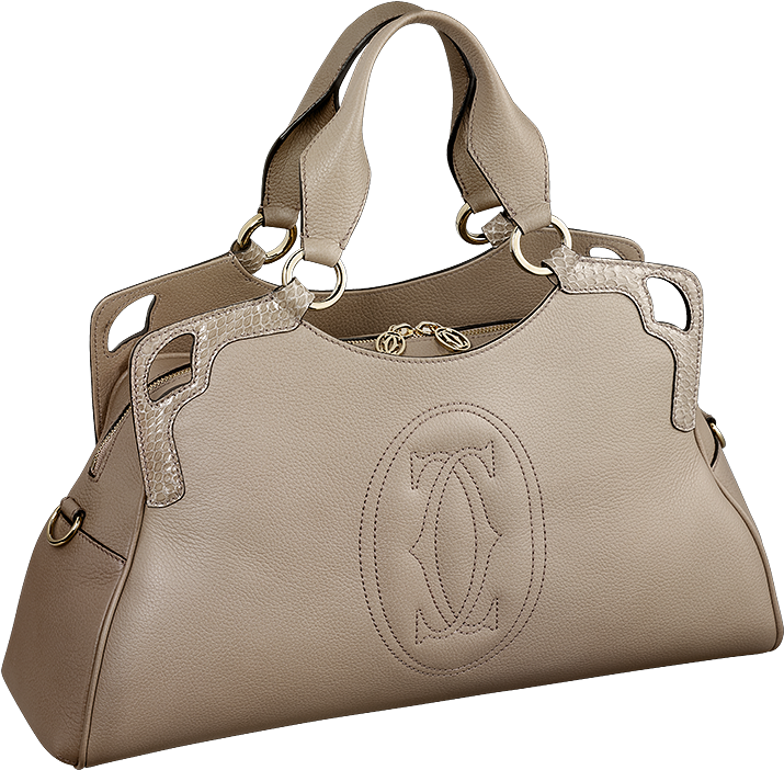Light Gray Designer Satchel Handbag With Round Emblem And Buckled Straps PNG