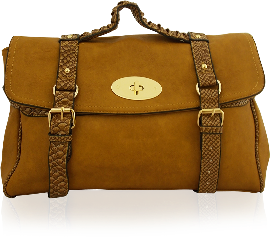 Mustard Brown Leather Messenger Bag With Buckles And Shoulder Strap PNG