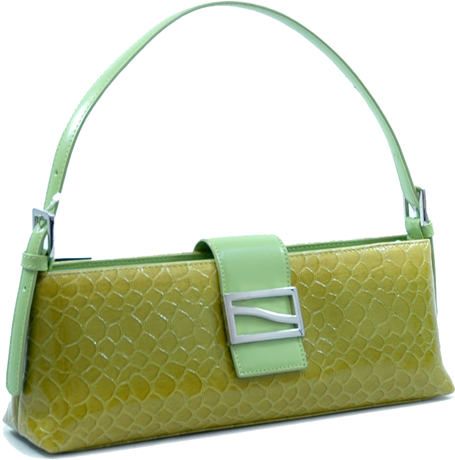 Olive Green Embossed Leather Handbag With Gold Tone Hardware PNG Clipart