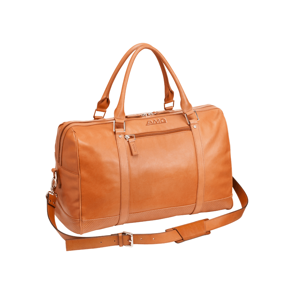 Orange Leather Travel Tote Bag With Zippered Top And Shoulder Straps PNG Image