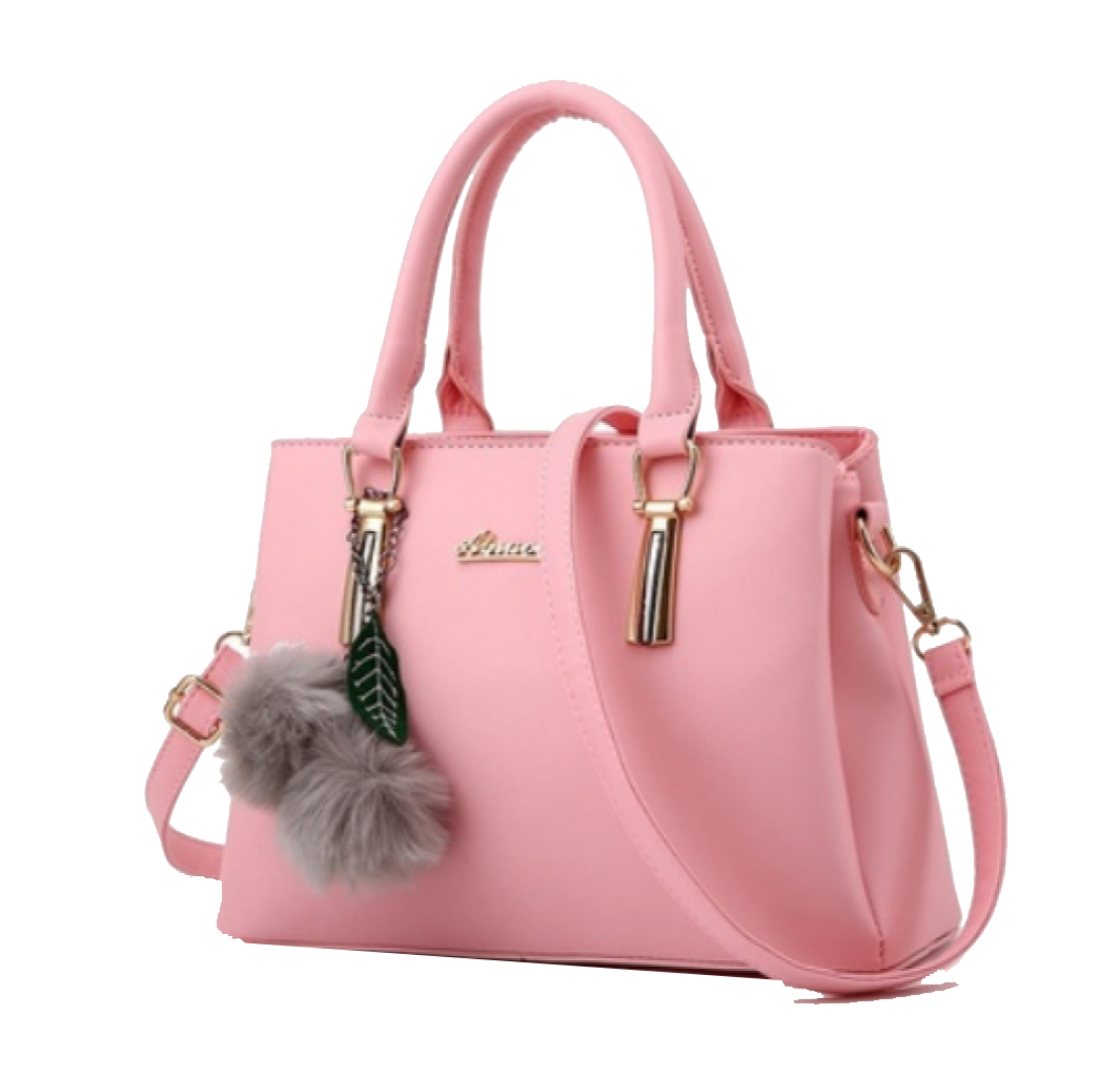 Pale Pink Mini Purse With Fluffy Pom Pom Charm And Handles PNG Image