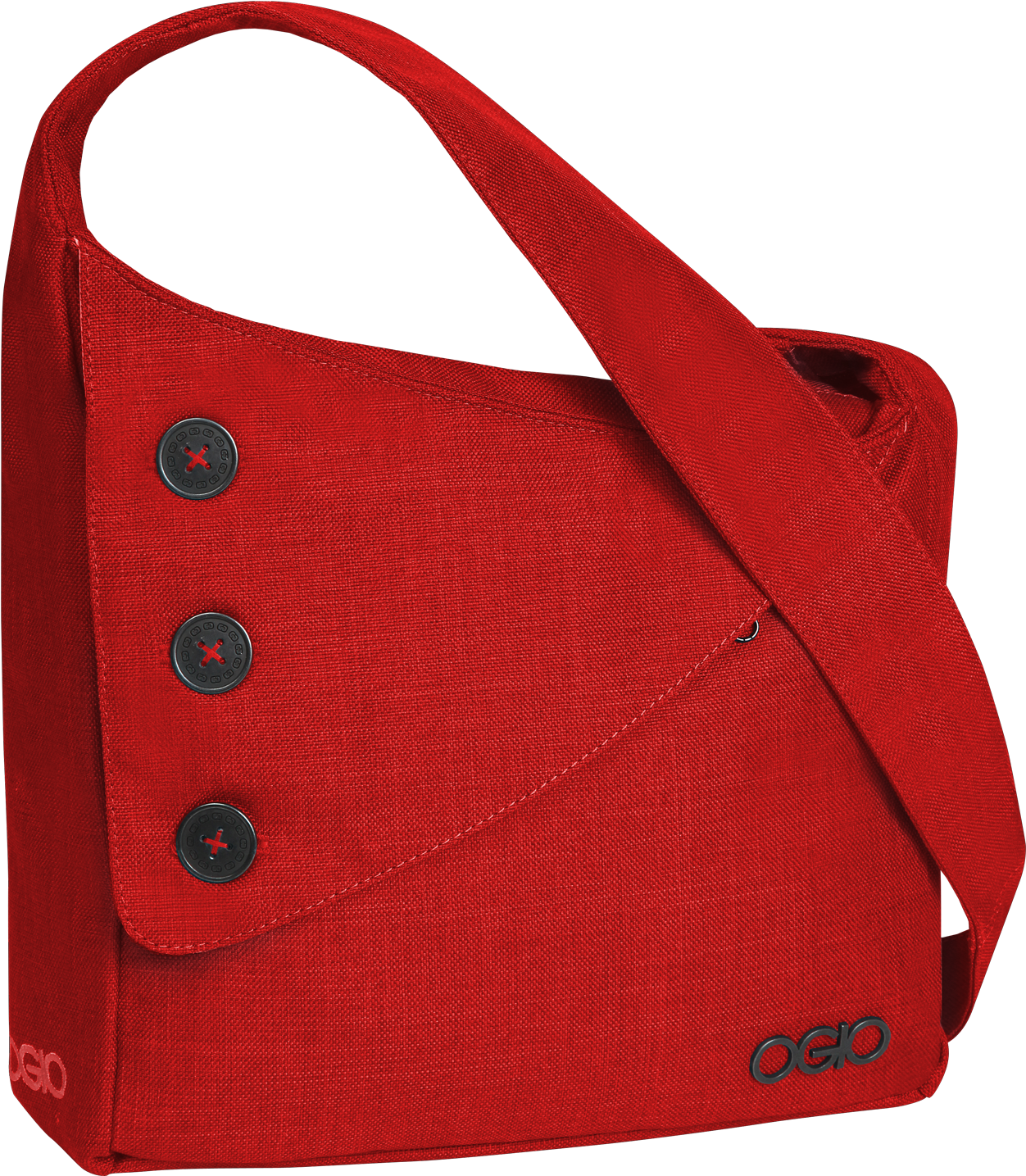 Red Crossbody Shoulder Bag With Three Front Buttons And Long Strap PNG Image