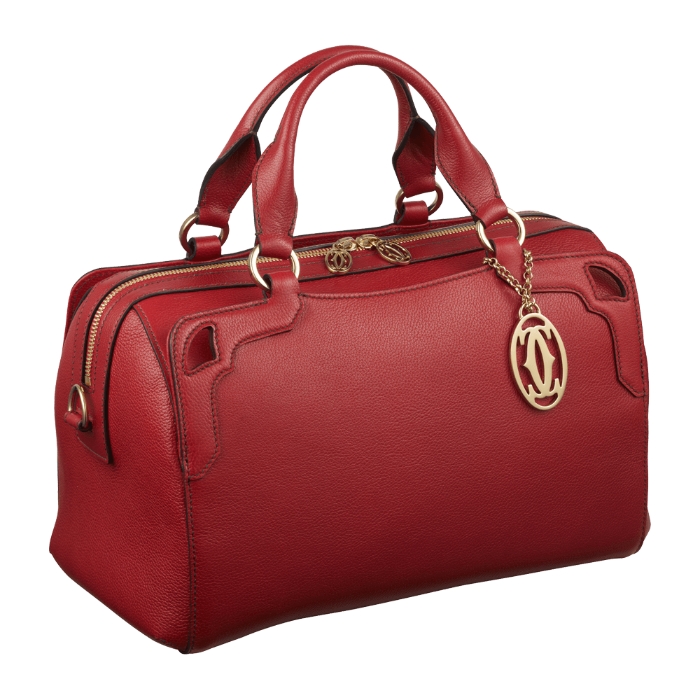 Red Leather Handbag With Top Handles And Round Logo Emblem PNG Clipart